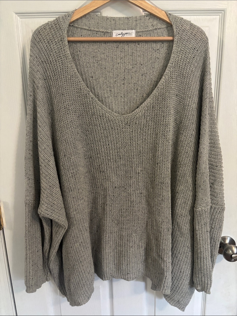 Carly Jean Los Angeles Oversized V-Neck Sweater in Heather Gray
